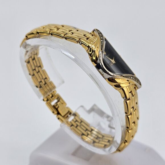 VTG Seiko Half Moon Women\'s Watch 14MM Black Dial Gold Band 6\